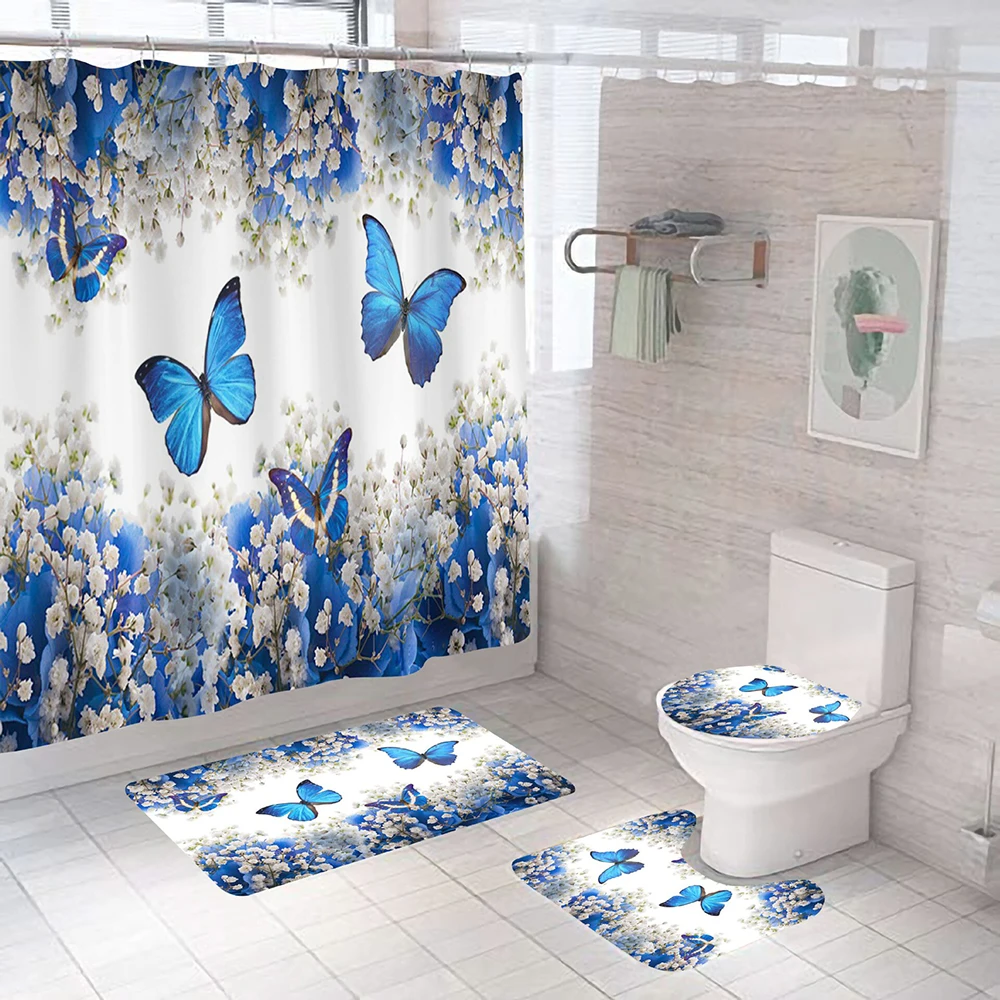 

Занавеска для ванной и душа с бабочками, занавеска из полиэстера, водонепроницаемая занавеска для ванной комнаты, набор ковриков, нескользящий коврик для кухни/ванной, товары для ванной комнаты