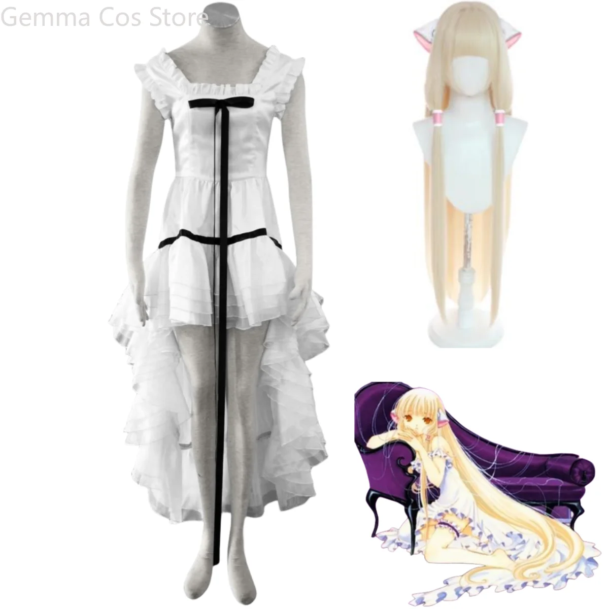 Женский костюм для косплея Аниме Манга чобитчи белый принцессы с золотым париком
