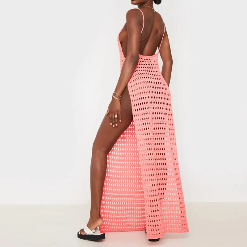 

See Through Knitted Long Beach Dress Crochet Bikini Cover Ups Backless Sexy Women Swimwear High Split Swimsuit Solid Beachwear