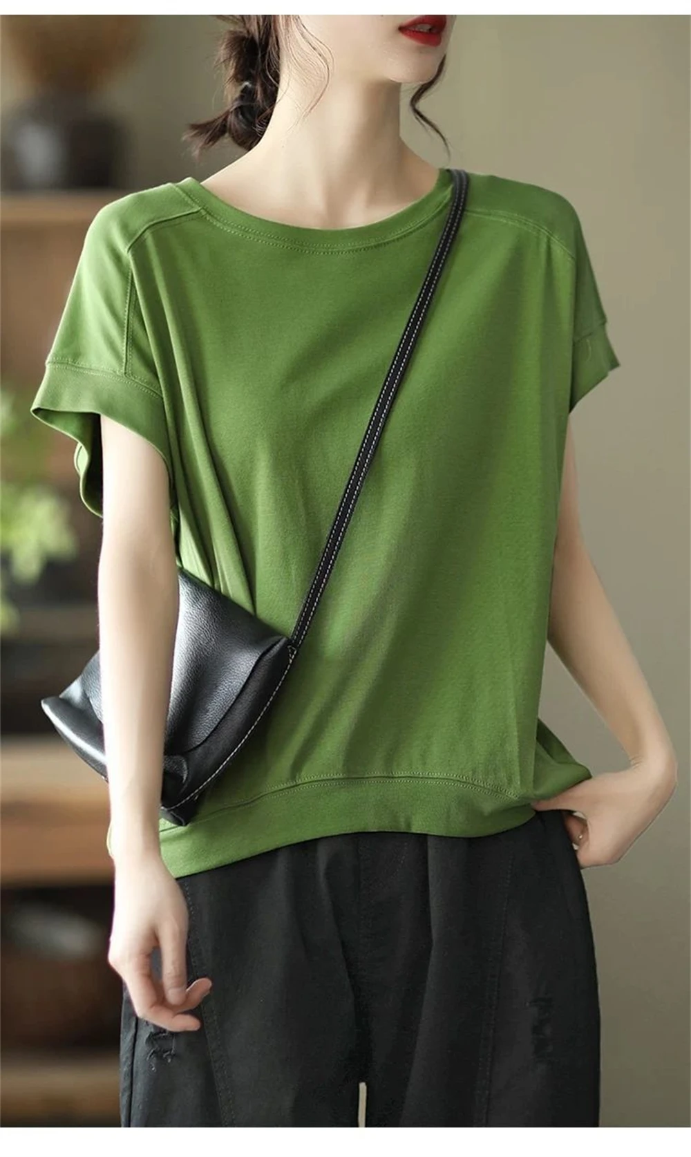 

Summer Literary Retro Solid Color Tops Ladies Harajuku Round Neck Loose All-Match Pullover Casual Short-Sleeved Basic T-Shirt