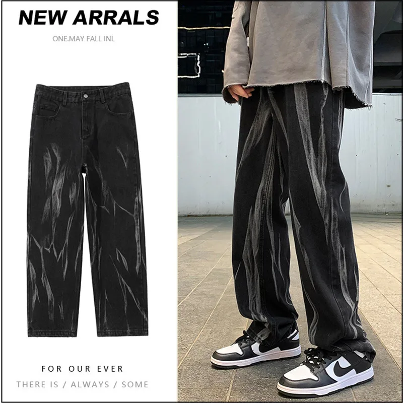 

Свободные камуфляжные джинсы, мужские джинсы, повседневные мужские корейские модные широкие мешковатые джинсы в стиле хип-хоп, прямые мужские брюки с завязкой, уличная одежда в стиле ретро