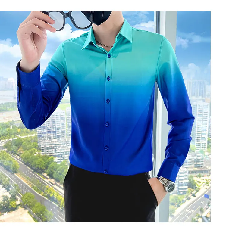 

Мужские рубашки с отложным воротником Camisa, Повседневная рубашка с длинным рукавом в Корейском стиле с градиентным принтом, мужская одежда