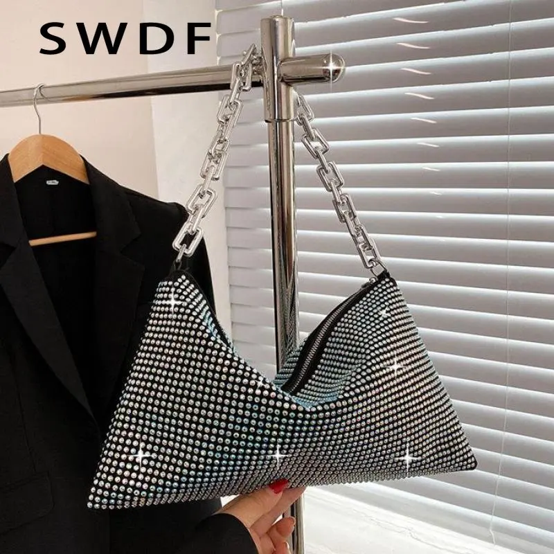 

Роскошная дизайнерская женская сумка на плечо SWDF со стразами, серебристый вечерний клатч, женские сумки 2022, Брендовые однотонные маленькие ...