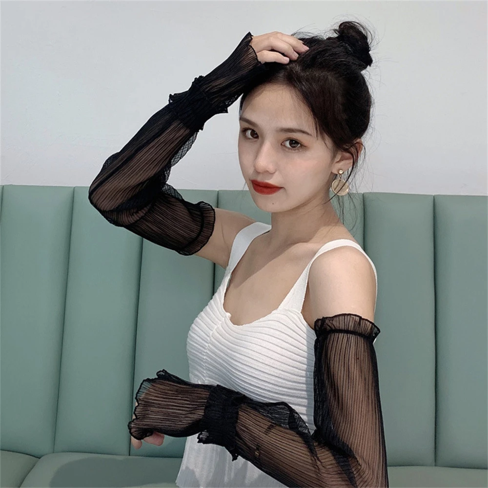 

2Pcs Summer Lace UV Protection Sleeves Women's Ice Silk Arm Guards Korean Outdoor Cycling Fingerless Gloves Tshirt Accessories