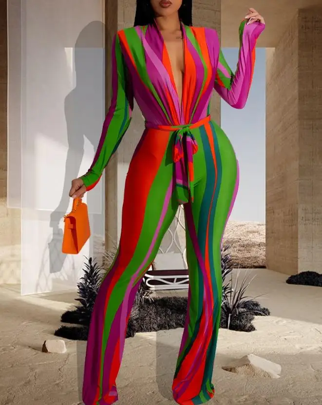 

Женский Длинный комбинезон, элегантный пикантный комбинезон с вырезом лодочкой и длинным рукавом, повседневный цельный комбинезон, 2023