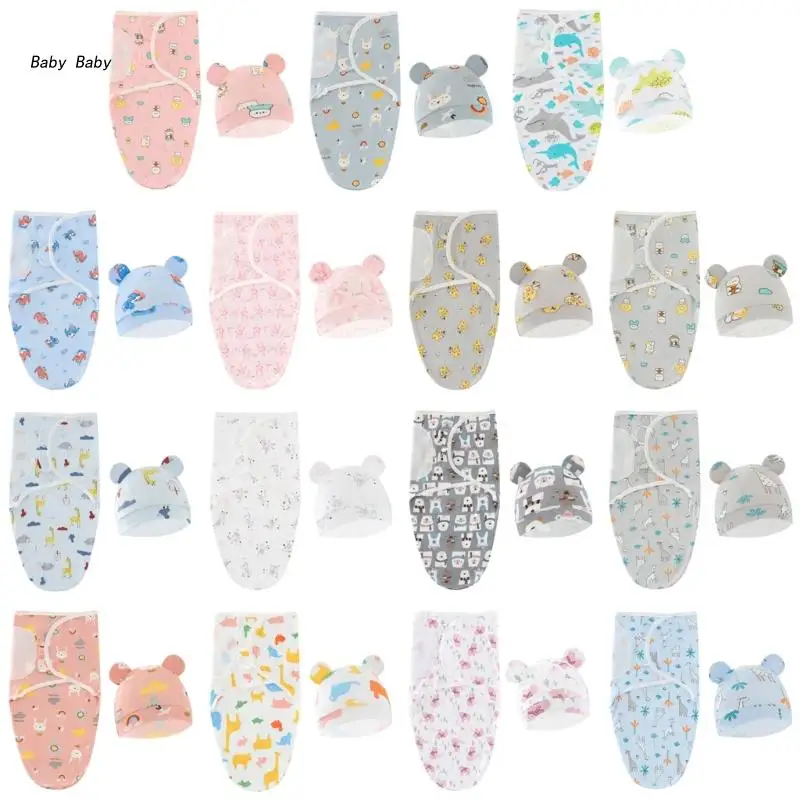 

Q81A Newborns Sleepsack & Hat Set Baby Receiving Blanket Hospital Hat Cartoon for Babies Boys Girls Shower Gift