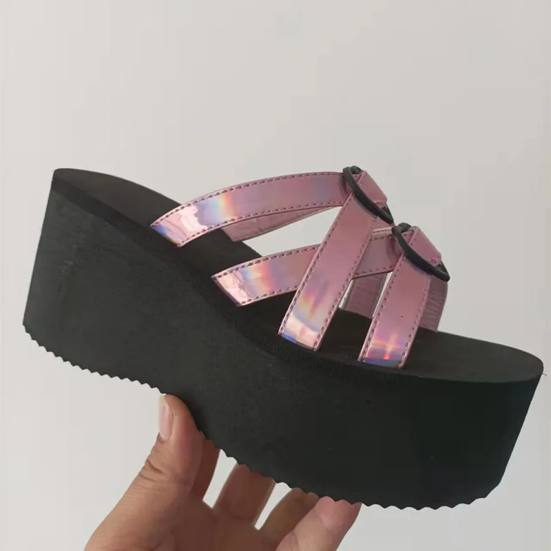 11cm High Heel Flip Flops Women's Sandals Soft EVA PU Leahter Loepard Slippers Summer Shoes Ladies Fashion Slides Plus Size 43