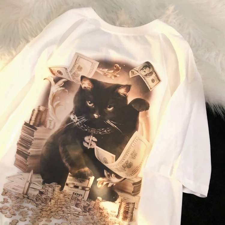 

Fashion Oversized T-shirt Black Cat Printed Short Sleeve Summer Loose T-Shirt Short Sleeve Women T-Shirt Tops Streetwear Gothic