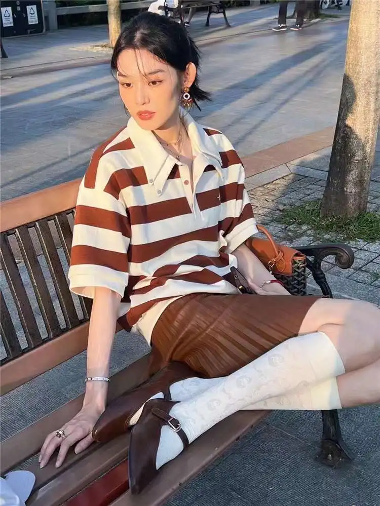 

2022 Summer Women New Double Collar Striped Polo Shirt