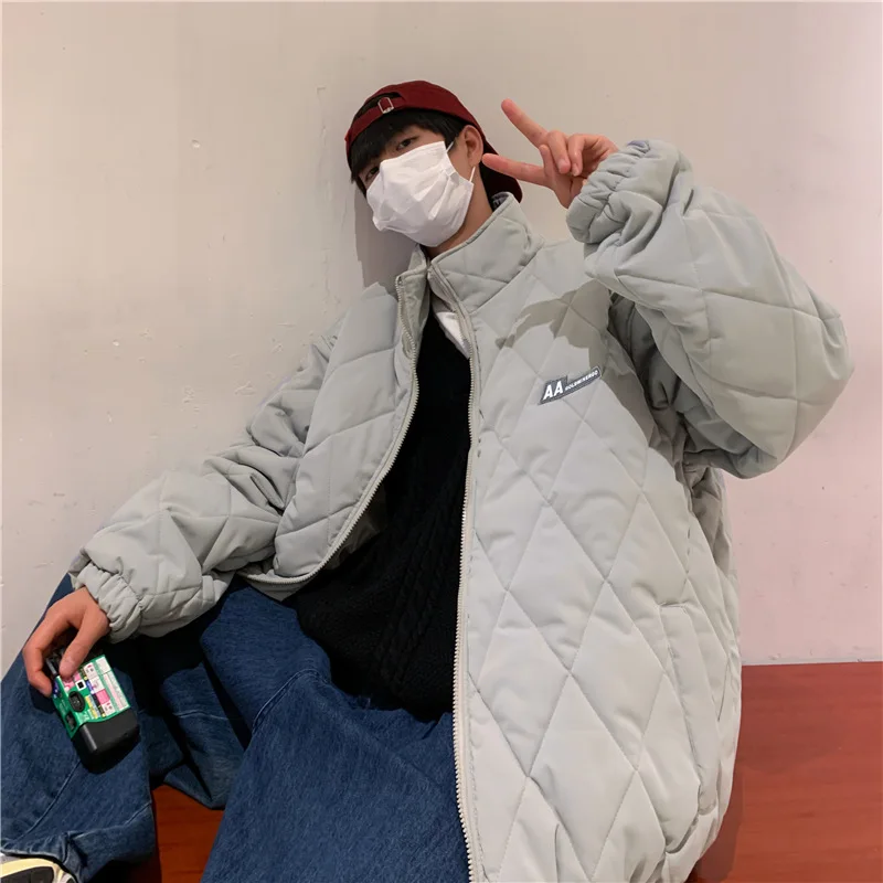 Padded men's winter diamond-shaped lattice port trend brand ins loose ruffian handsome stand-up collar padded jacket all-match