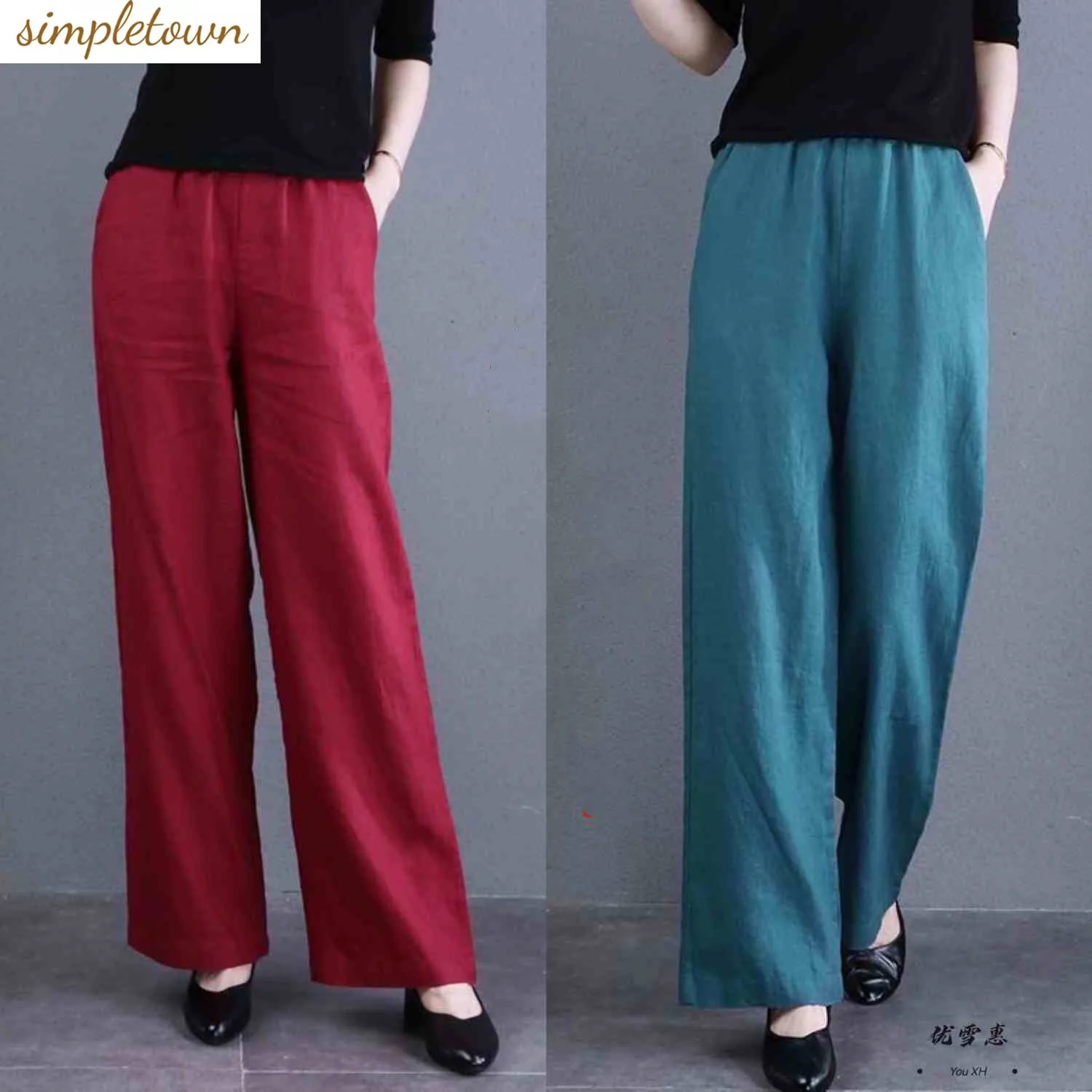 Spring/Summer 2023 New Art Cotton Hemp Wide Leg Pants with Elastic Waist for a Slim and Slim Drop Feel Casual Straight Leg Pants