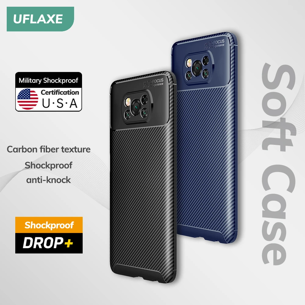 UFLAXE Original Shockproof Soft Silicone Case for Xiaomi Poco X3 Pro NFC Poco X3 GT Poco F2 Pro Carbon Fiber Back Cover Casing