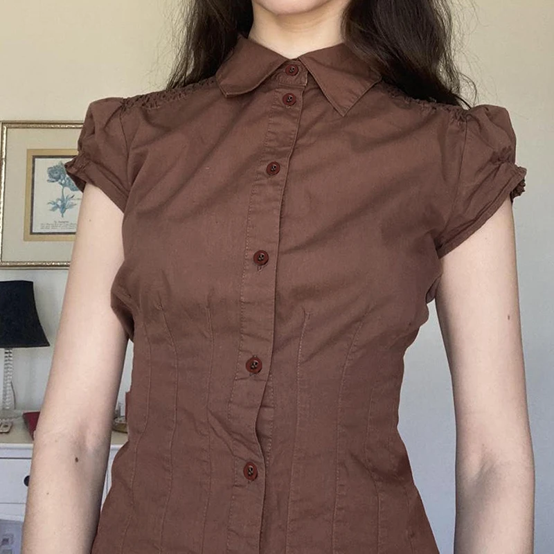 Coquette Brown Pleated Button T-shirt Women Short Sleeve Fitted Blouses 00s Aesthetic Fairy Y2k Vintage Crop Tops Cottage Tees