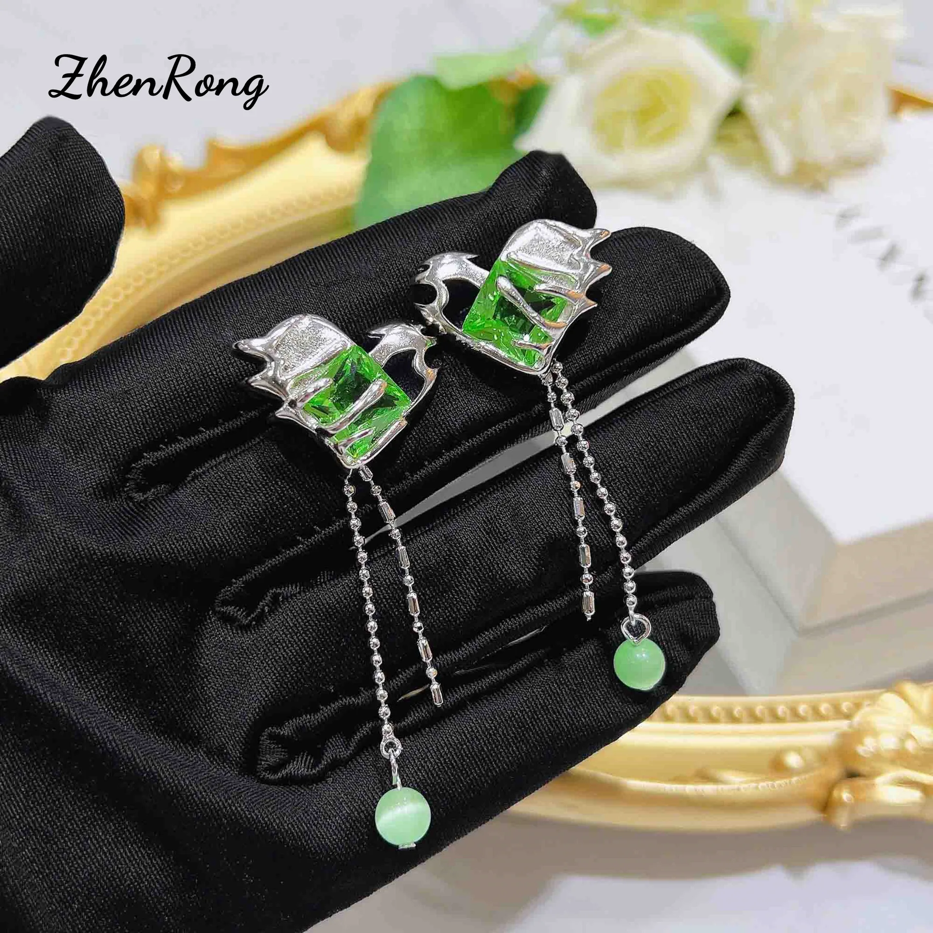 

Luxury Tassel Round Beads Green Crystal CZ Earrings For Women Engagement Long Dangle Earring Party Jewelry Pendientes Mujer