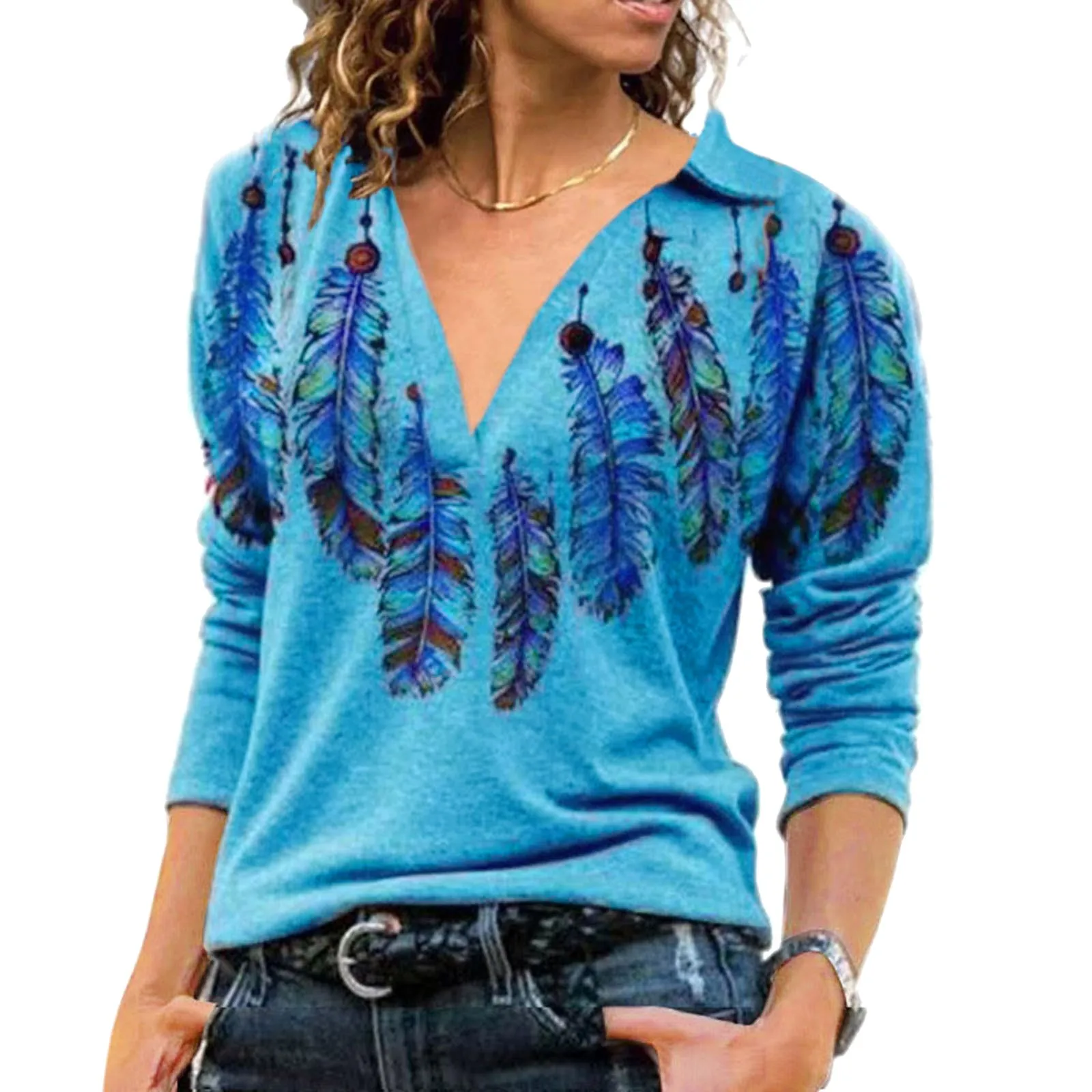 

Женская Винтажная футболка с длинным рукавом, V-образным вырезом и принтом