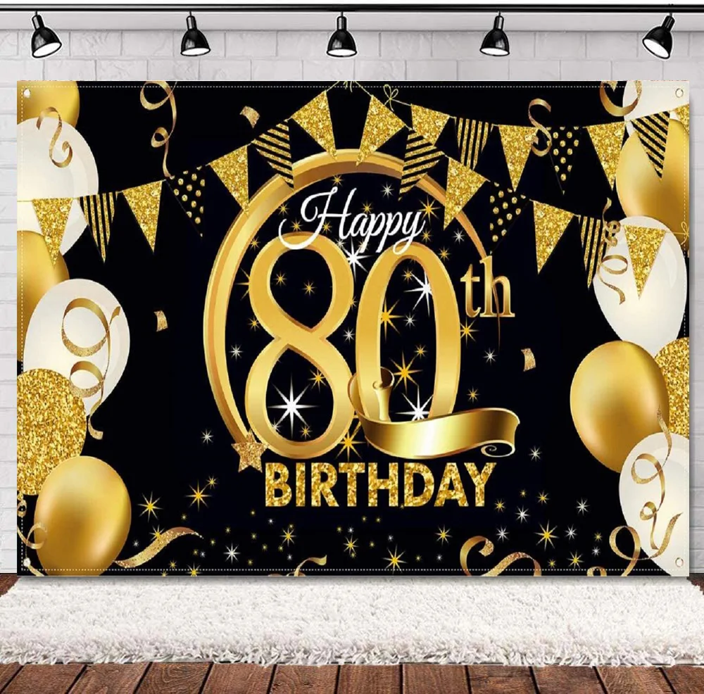 

Photography Backdrop 80th Birthday 80 Anniversary Party Decor Black Gold Sign Poster For Photo Booth Background Banner Supplies