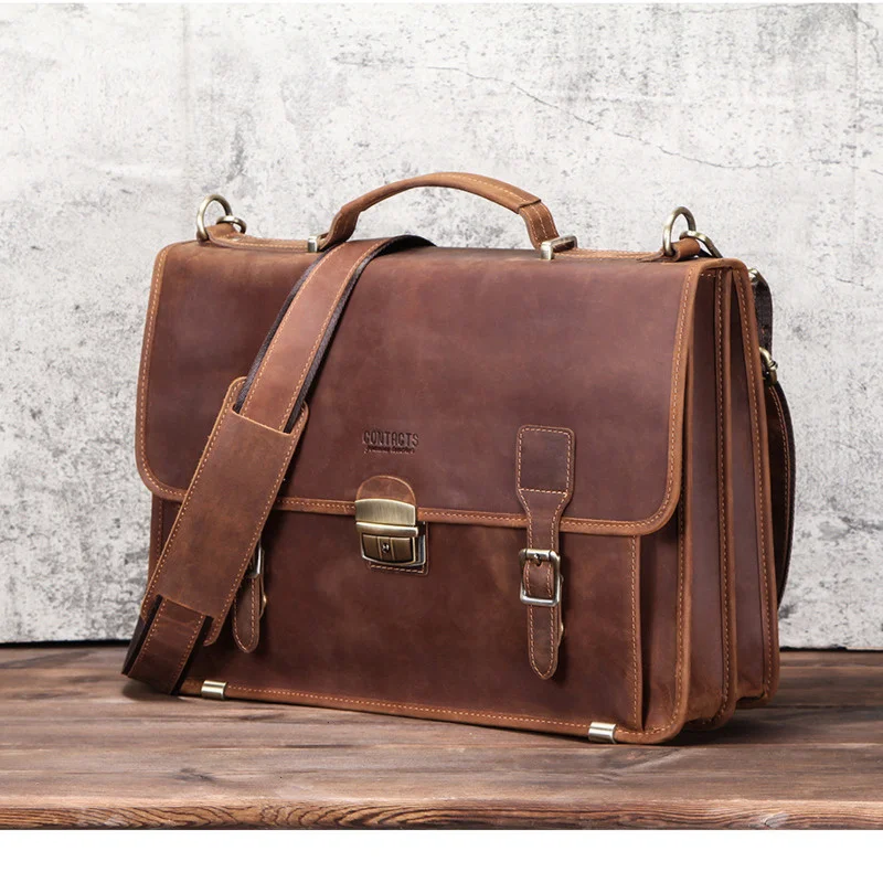 Men Luxury Business Cowhide Briefcases Genuine Leather Crossbody Messenger Handbags High Capacity Computer Single Shoulder Bag