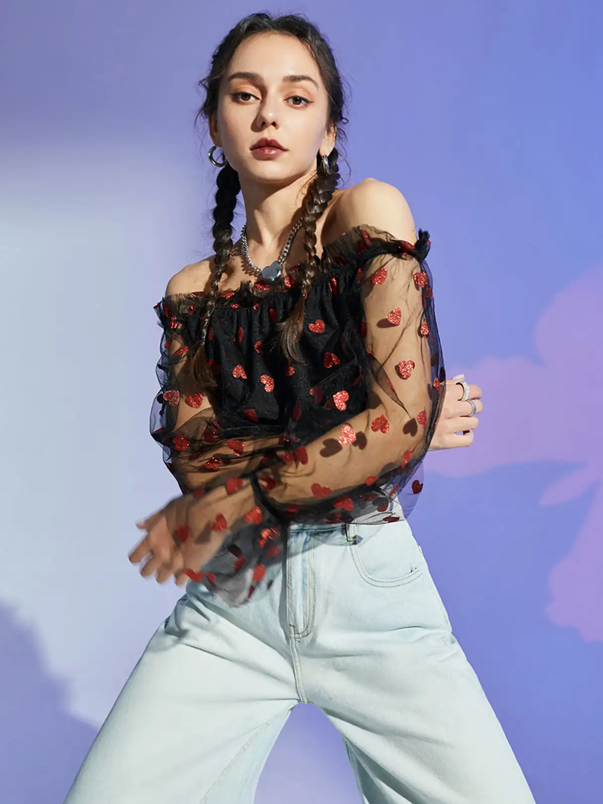 

RINSTA 2022 Summer Women T Shirts Sexy Off Shoulder Print Long Sleeve Tops Transparent Blouse Fashion Tunic