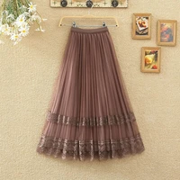 korean fashion lace gauze patchwork pleated skirt 2022 spring summer new vintage elegant high waist a line midi womens skirt