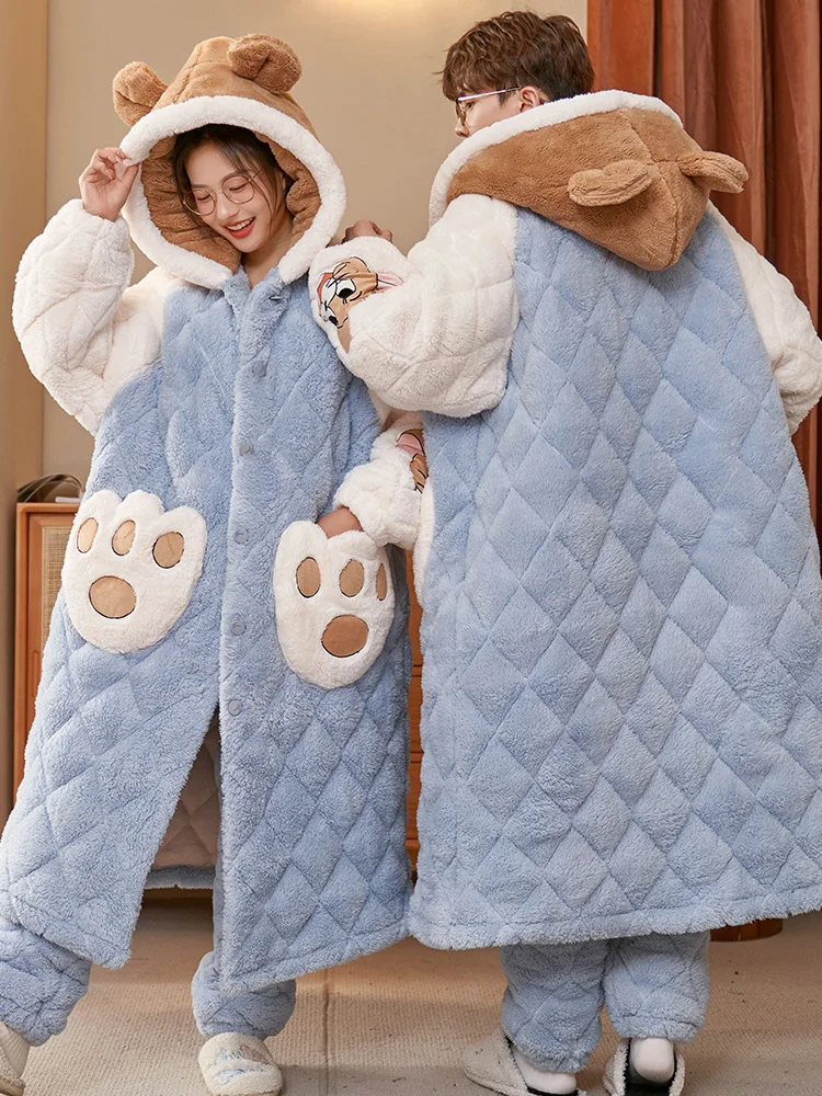 Couple Pajamas Winter Women's Three-Layer Cotton-Padded Jacket Coral Fleece Thickened Fleece-lined Plus size Men's Nightgown ...