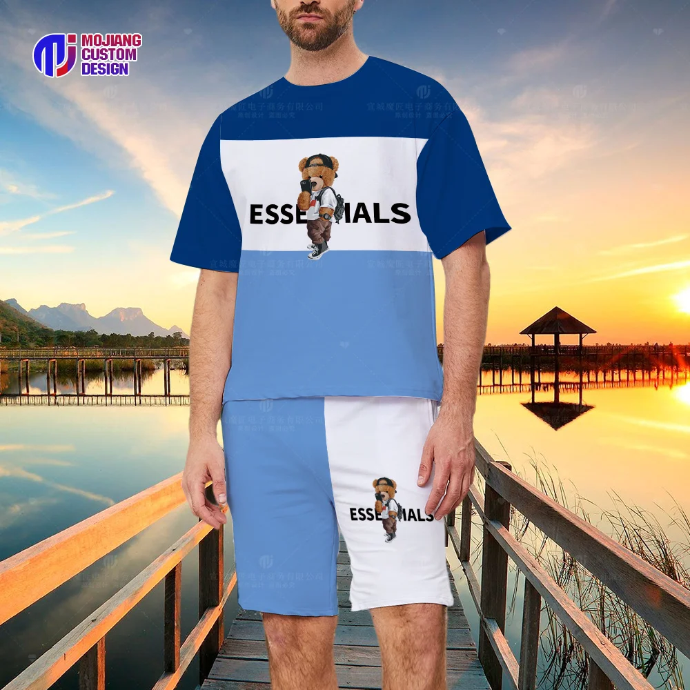 2023 Summer Colorblock T-Shirt and Shorts Set Luxury Brand Short Sleeve Men's Brand Bear Print Top T-Shirt Set of 2