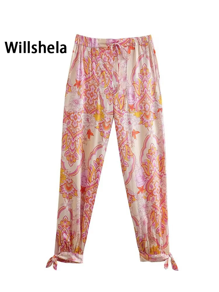 

Willshela женские модные брюки с принтом и эластичной резинкой на талии, винтажные длинные женские прямые брюки со средней талией