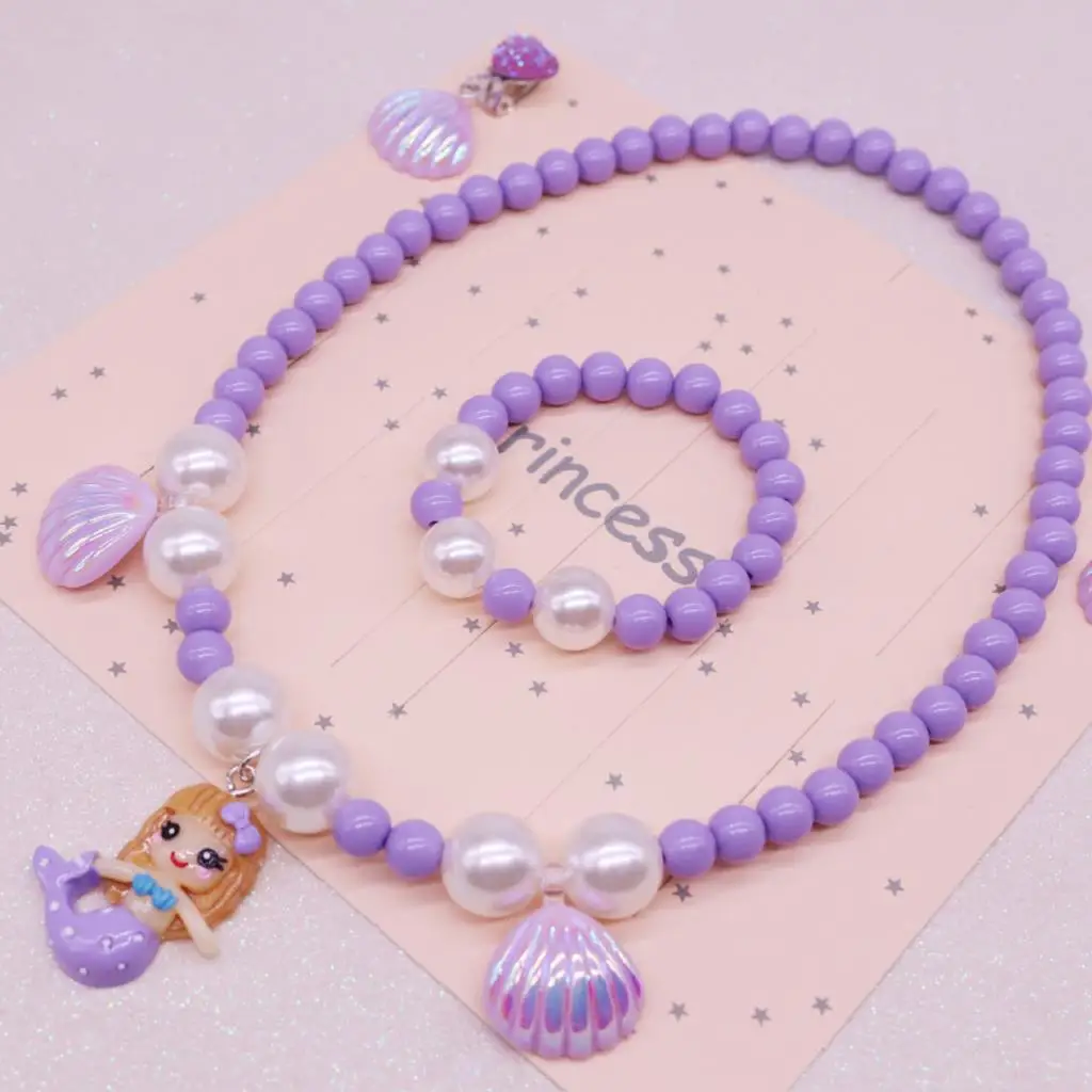 

3PCS/SET Kids Girls Jewelry Mermaid Tail Pearl Necklace Bracelet Ear Clip On Set Girl Accessory Cosplay Jewelry Sets