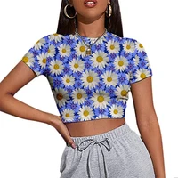summer women top sexy midriff baring t shirt sling crop short sleeve casual clothes print comfortable simple style