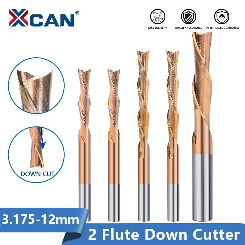 XCAN 2 Flute Cutter 3.175-12mm Shank Left Spiral Down Cutter Carbide Spiral End Mill For Cutting Aluminum CNC Router Bit