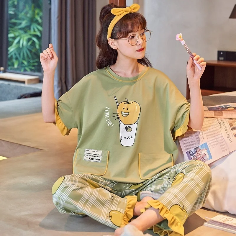 QWEEK Kawaii Pajama Clothing Sets Women Summer Sleepwear Cotton Pijamas Ruffles Apple Cartoon Print Pyjamas Plaid Pants Roomware