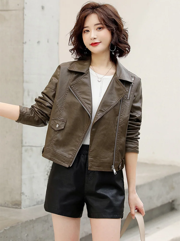New Women Rose Red Sheepskin Jacket Spring Autumn Trendy Turn-down Collar Slim Short Leather Jacket Chic Outerwear Split Leather