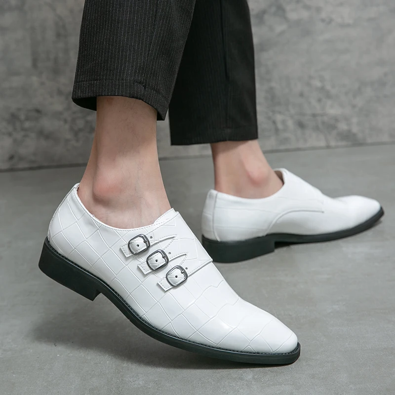

Luxury Brand White Buckle Shoes Designer Leather Shoes Pointed Toe Platform Low Heel Loafers Men Pull-On Patent Leather Pumps 46