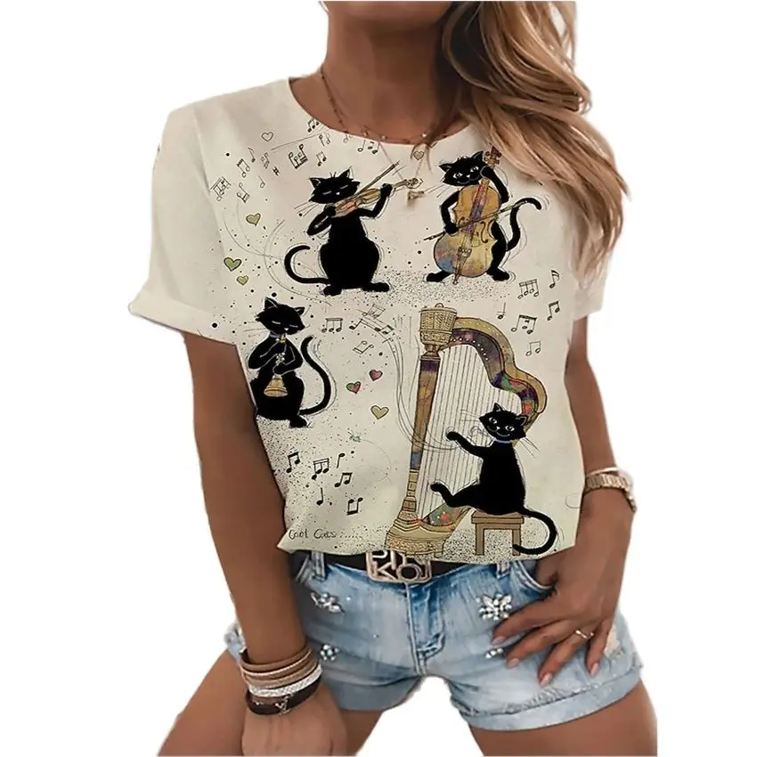 

3D Cat Painting T-shirt Women Cat Image 3D Printing Round Neck Basic Retro Regular Version New Summer Style Hot Sale