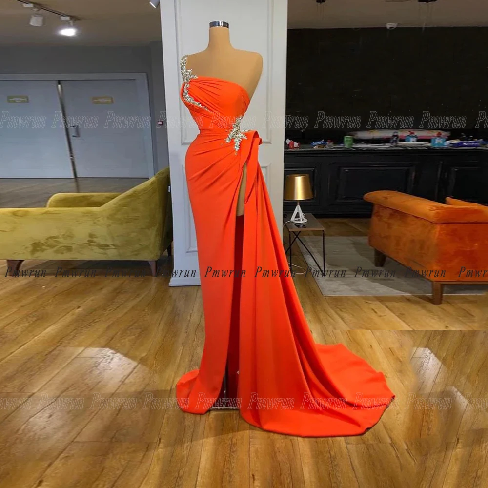 

Pmwrun Tangerine Jersey Prom Dresses Sliver Sequin One Shoulder Sweep Train Sleeveless Long Party Gown Evening Women's Wear 2022