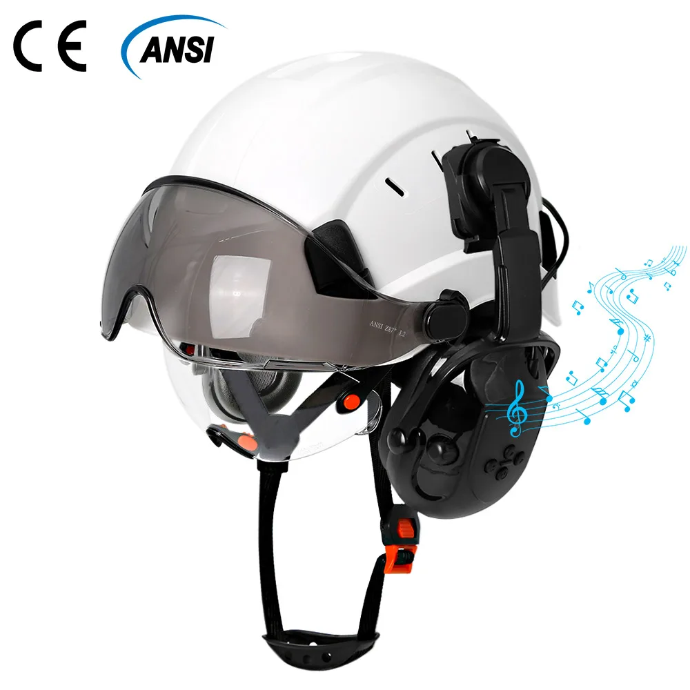 Construction Safety Helmet With Visor Upgraded Bluetooth Earmuffs For Engineer Hard Hat ANSI Industrial Work Cap Head Protection