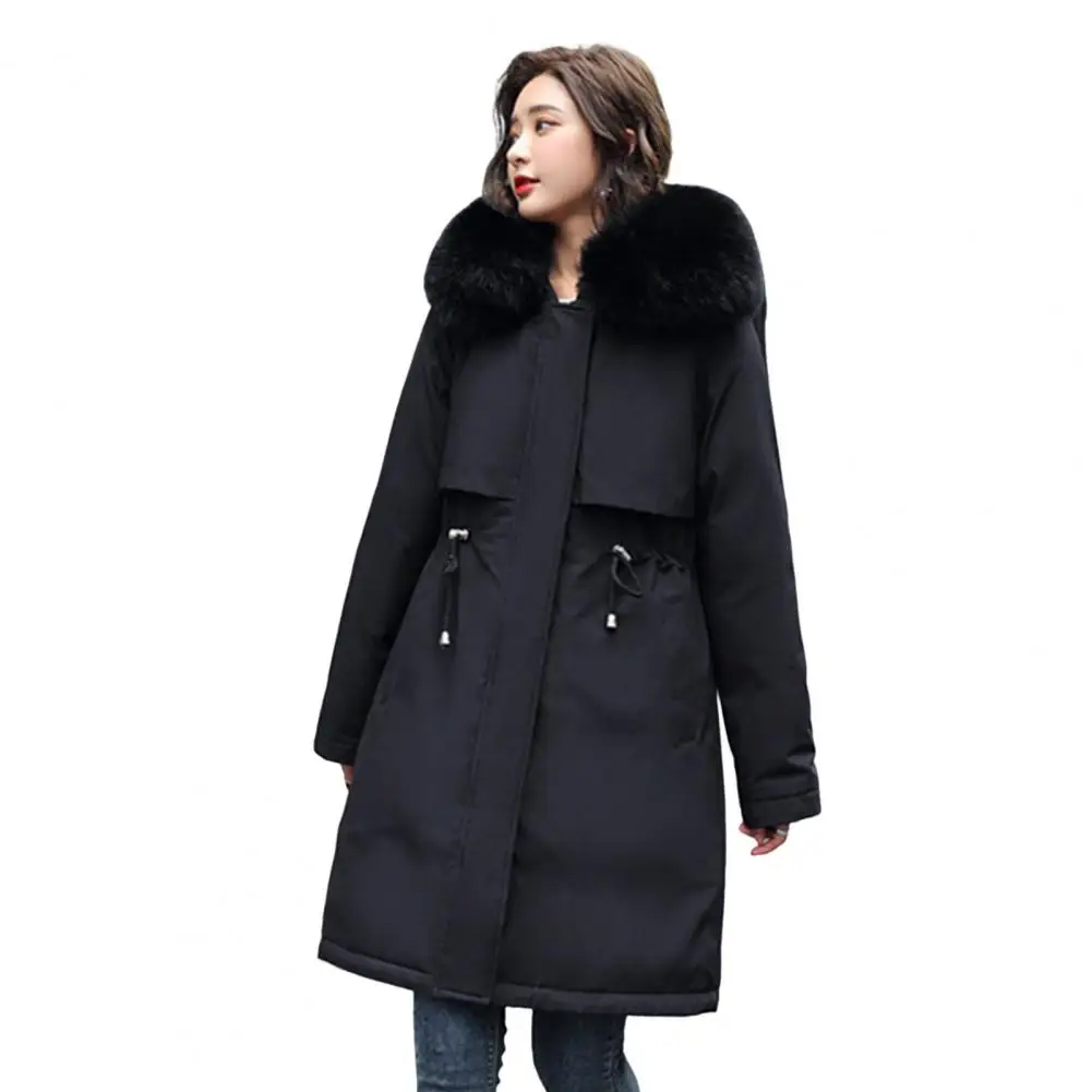 Long Sleeves Waist Drawstring Zipper Buttons Closure Pockets Women Coat Faux Fur Hooded Fleece Lined Padded Cotton Jacket