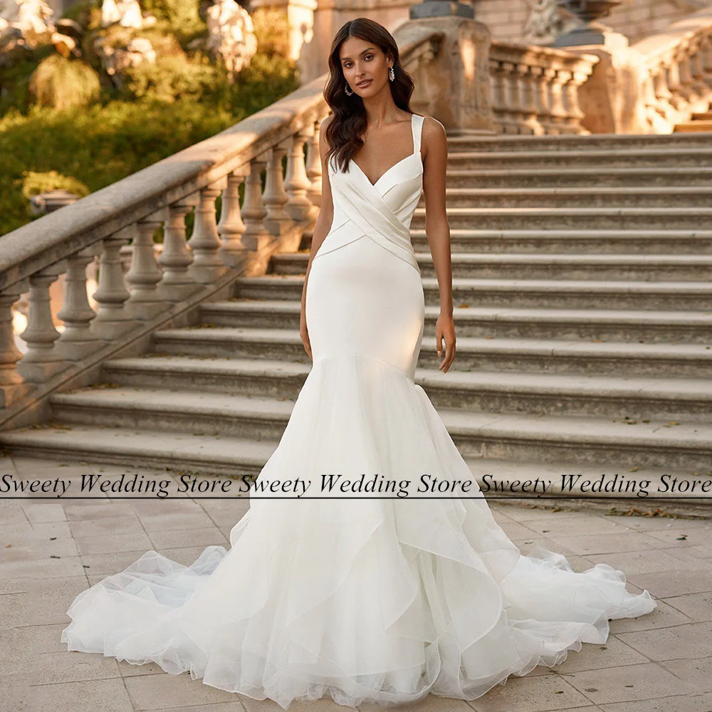 

Sexy Wedding Dress New Vestido De Noiva V Neck Sleeveless Pleat Ruffles Bride Mermaid Bridal Gown Backless Marriage Dresses