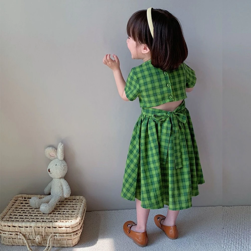 

Платье с коротким рукавом для маленьких девочек, летние детские платья в клетку, хлопковый костюм для малышей, летняя детская одежда в Корейском стиле, 2023