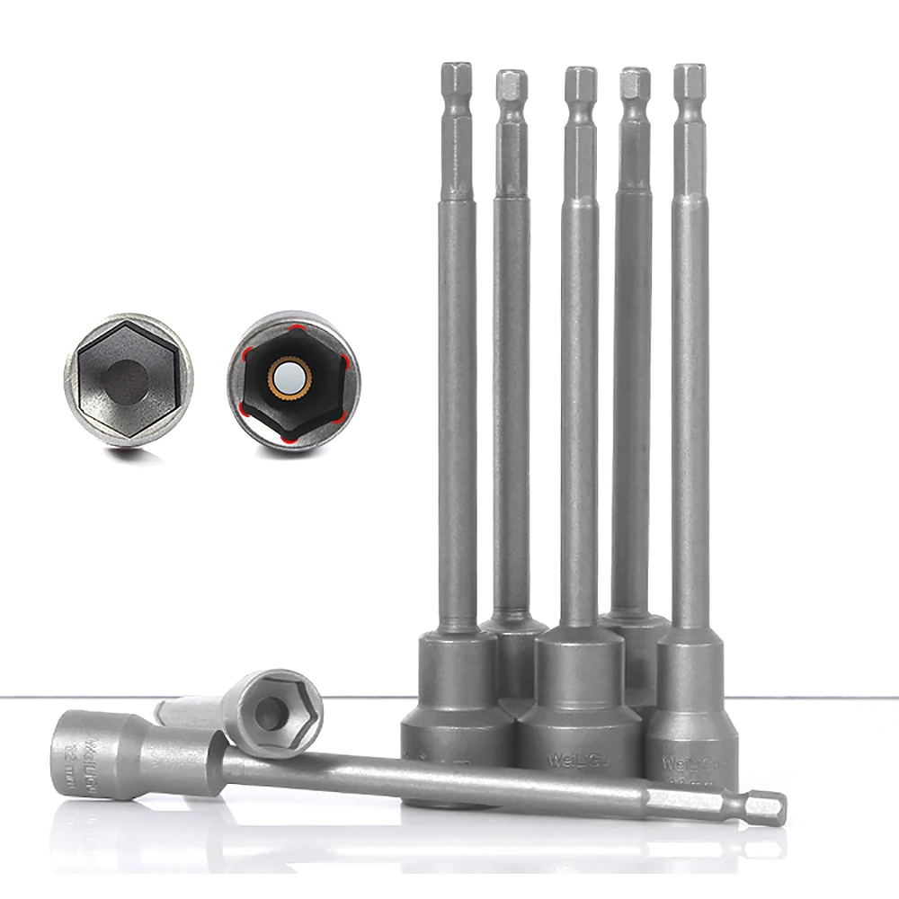 

1pcs 1/4" Hex Socket Sleeve Nozzles Strong Magnetic Nut Driver 150mm Long Drill Bit Adapter Wind Approved Sleeve Electric 5-19mm
