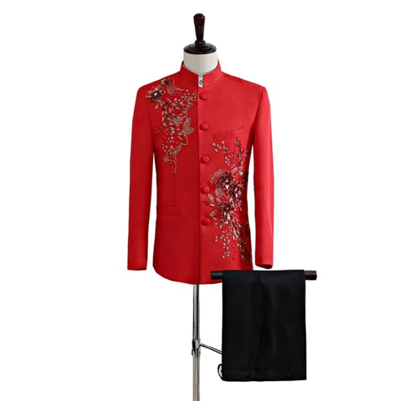 

Red applique blazer men Chinese tunic suit set with pants mens wedding suits costume singer stage clothing formal dress