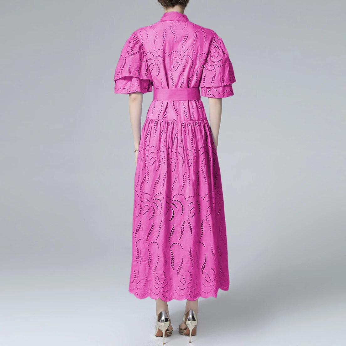 

SuperAen 2022 New Summer Hollow Out Butterfly Sleeve Lace-up Turn Down Collar Single-breasted A-LINE Dress Women