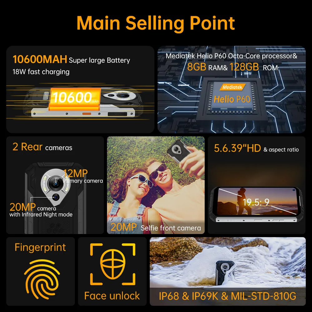 Oukitel WP16 Rugged Smartphone 6.4 Inch Android 11 Cellphone 8GB 128GB Helio P60 Mobile Phone 20MP Night Version Camera 10600mAh