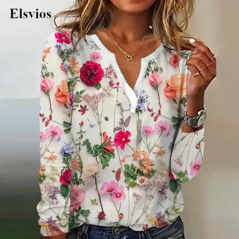 

Женская винтажная блузка с цветочным принтом, V-образным вырезом и длинным рукавом