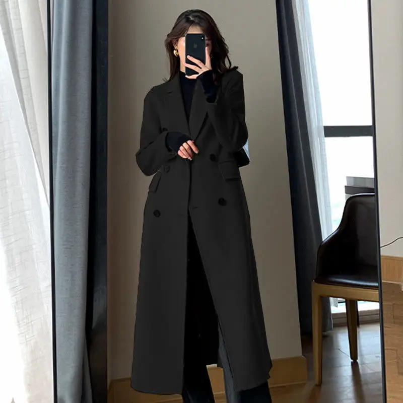 Fashion Winter Trench Coat For Women Elegant Korean Casual Double-breasted Wool Coat Long Jacket Black Office Lady Loose Outwear
