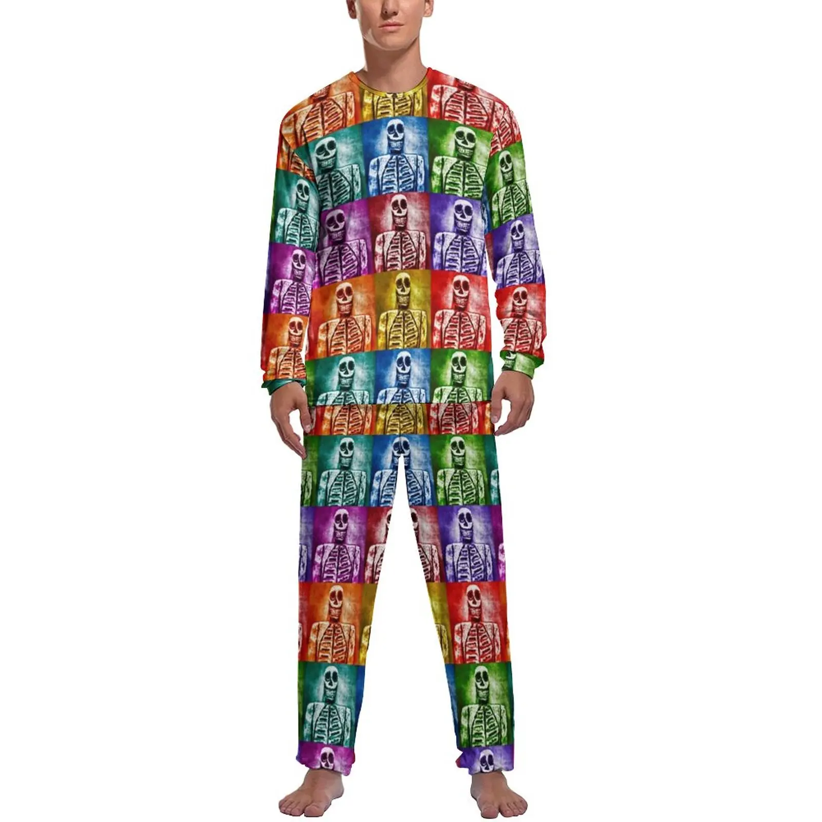 Colorful Skeleton Pajamas Winter Pop Art Print Casual Sleepwear Man 2 Piece Design Long Sleeve Kawaii Pajama Sets