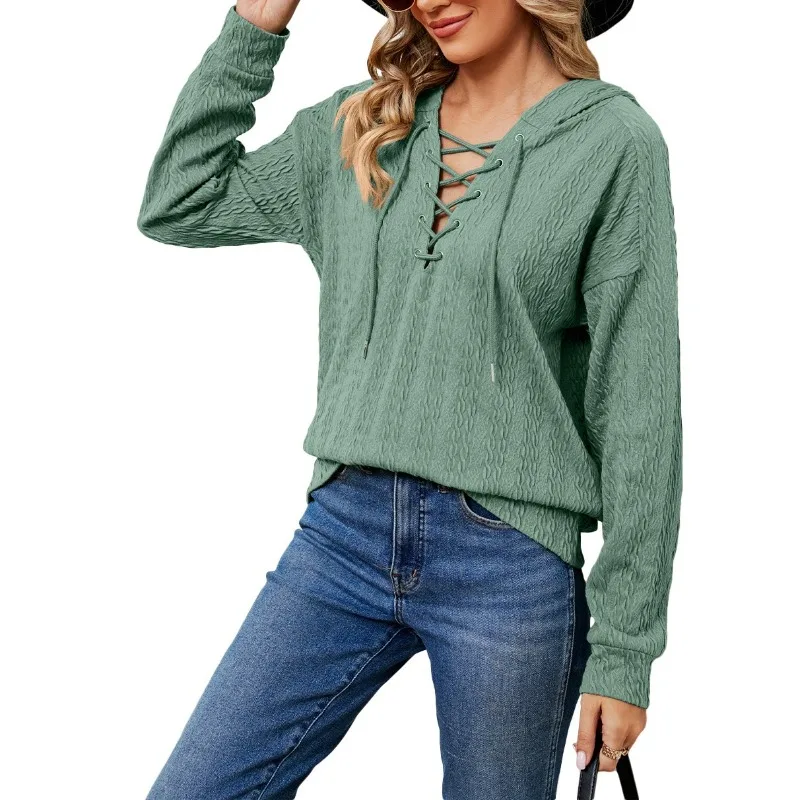 

Solid Color Hooded Sweater Women's 2023 Autumn/Winter New Lace up Stripe Splice Loose Hooded Neckline Lace Long Sleeve Top