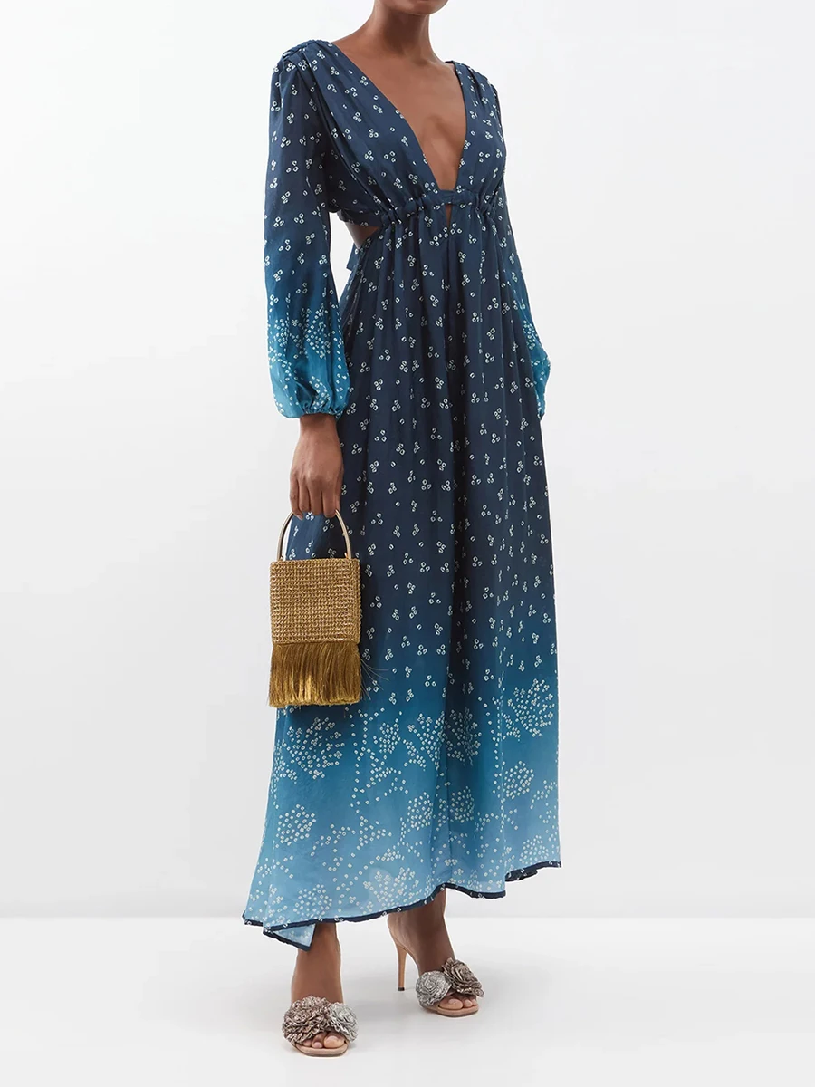 

Женское винтажное платье с цветочным принтом, длинное Повседневное платье в стиле бохо с глубоким V-образным вырезом, длинным рукавом, поясом и открытой спиной для отдыха