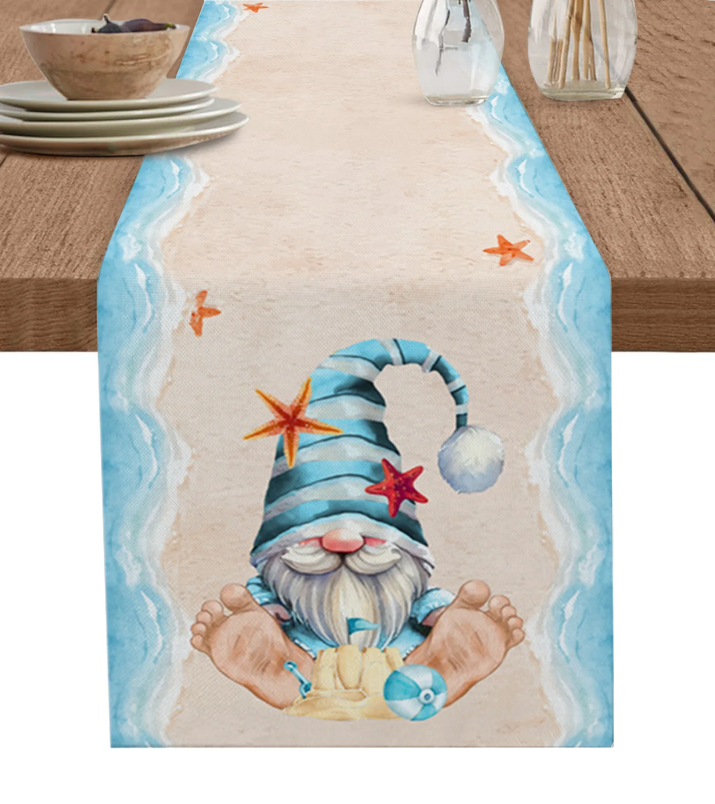 

Gnome Summer Beach Starfish Table Runner Cotton Linen Wedding Decor Table Runner for Dining Table Holiday Decor Tablecloth
