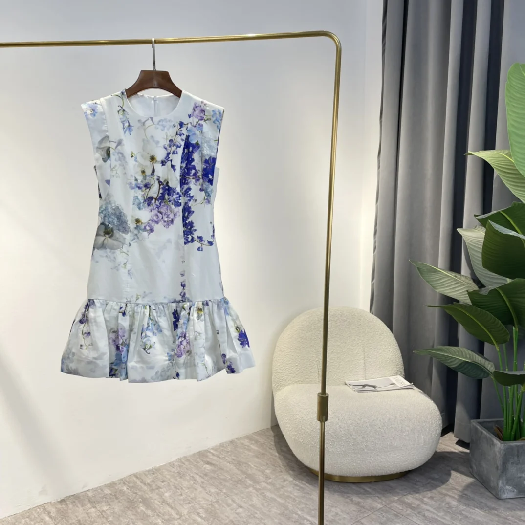 

Purple Blue Floral Print Elegant Mini Mermaid Dresses 2022 New Summer Top Quality Linen Sleeveless Women Clothing