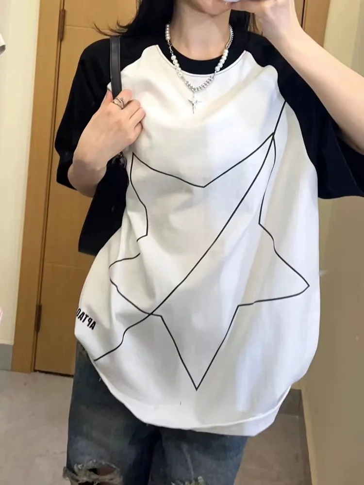 

Футболка женская оверсайз с коротким рукавом и круглым вырезом, Повседневная рубашка с американским принтом звезд, в стиле Харадзюку, топ контрастных цветов, на лето